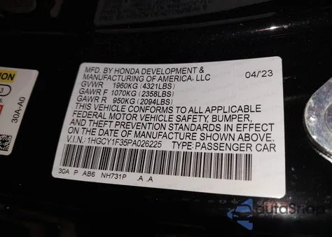 2023 Honda Accord Ex z USA, uszkodzony, nr VIN 1HGCY1F35PA026225